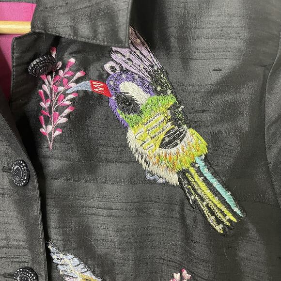 VTG 80s Blutique Black 100% Silk Jacket Multicolor Embroidered Birds Birding XS - Picture 8 of 15